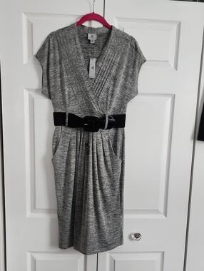 Worthington Heather Gray Wrap-Style Midi Dress with Black Belt